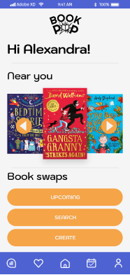home screen showing some books and another section with the title Book swaps and 3 buttons leading to the upcoming book swaps, the search screen and the create book swap screen