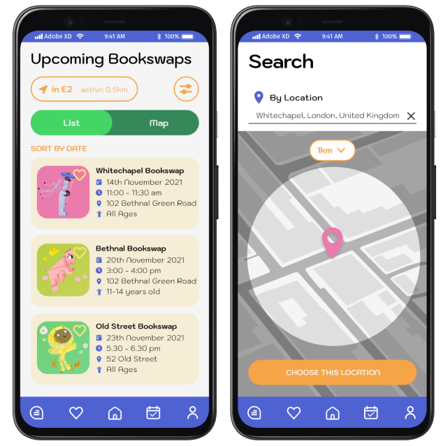 The mobile screens, one next to the other. One screen shows a list of upcoming events and the other the search by location feature