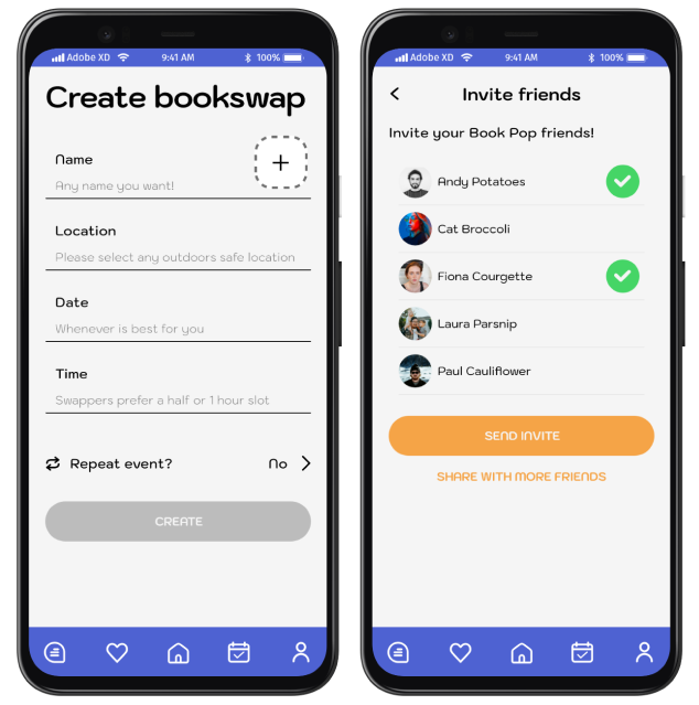 The mobile screens, one next to the other. One screen shows different fields that needs to be filled in in order to create a book swap event, the other shows the Invite friends feature