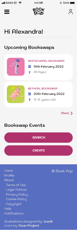 the home screen for the web app with a hamburger menu instead of the tab bar and a footer