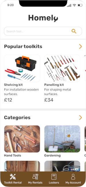 home screen showing different kits of tools that you can rent