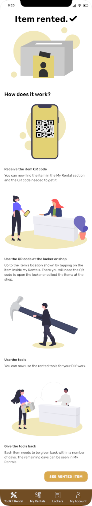 home screen showing different kits of tools that you can rent