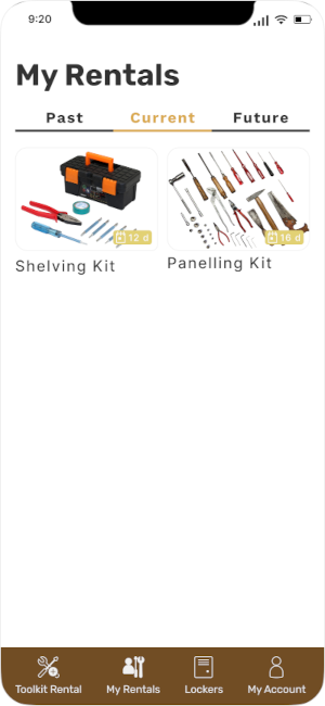 home screen showing different kits of tools that you can rent