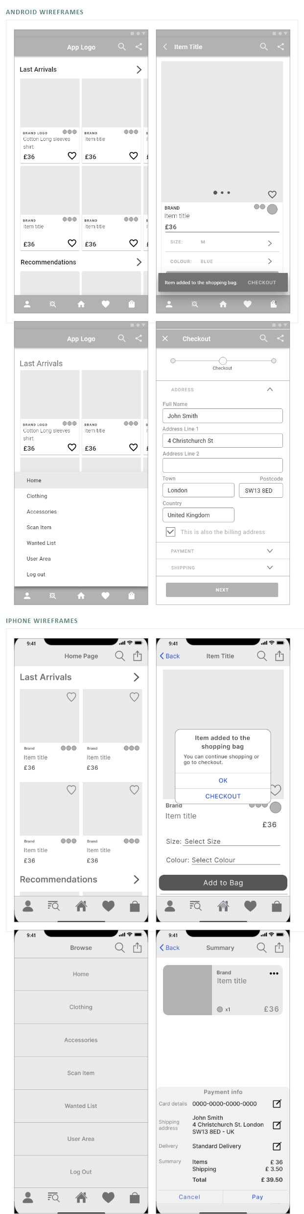 Android and iPhone wireframes