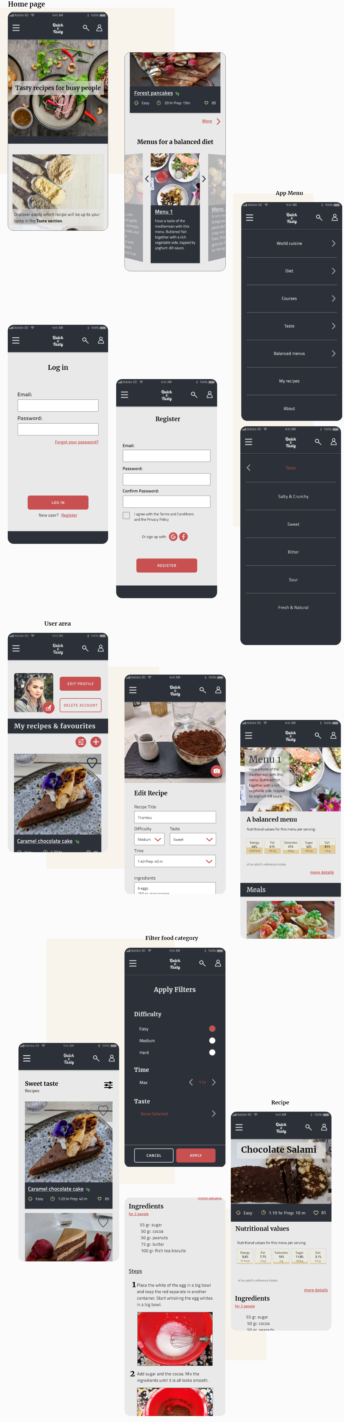 The mobile screens. one next to the other. One screen shows filters with choices for difficulty, time and taste. The other shows some recipes under the category of Sweet taste.