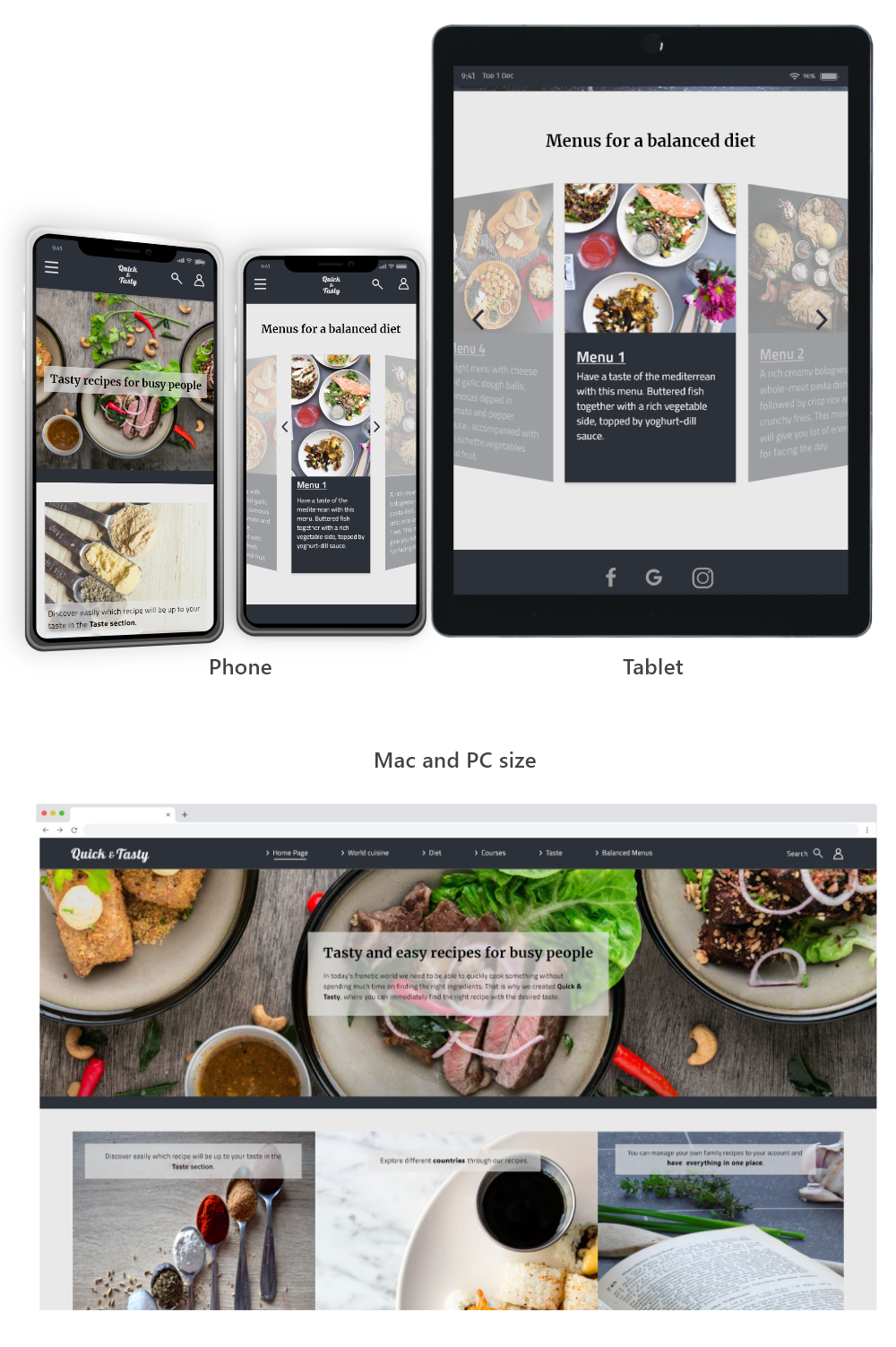 The mobile screens. one next to the other. One screen shows filters with choices for difficulty, time and taste. The other shows some recipes under the category of Sweet taste.