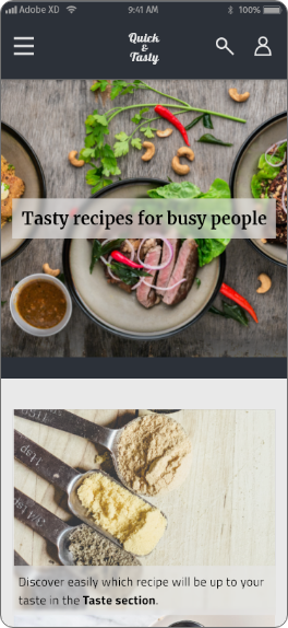 the mobile home screen has a hero image showing 3 dishes, on top there is written Tasty recipes for busy people