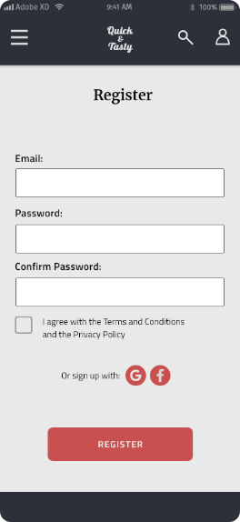 the register screen with input fields for Email, Password and a last one for confirming the password