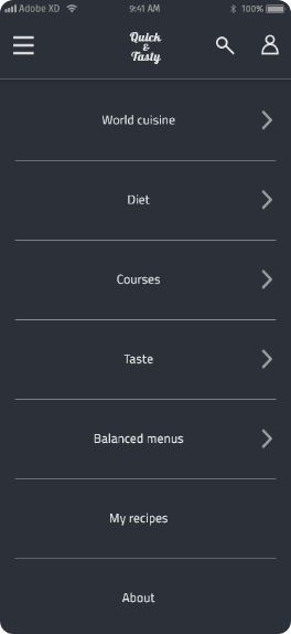 the open menu. Here the user can access to: World cuisine, Diet, Courses, Taste, Balanced menus, My recipes and the About section
