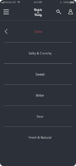 tapping on the taste section, the user gets to this screen. There are different buttons, each for a different taste type.