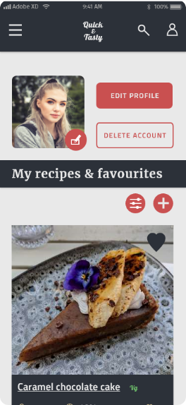 screen showing the profile picture, a button for editing and deleting the profile, and a bottom section with a title My recipes & favourites