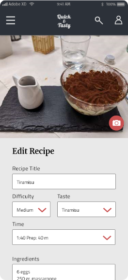 the edit recipe screen has a picture and multiple input fields, from the recipe title, to its difficulty, taste, time and ingredients