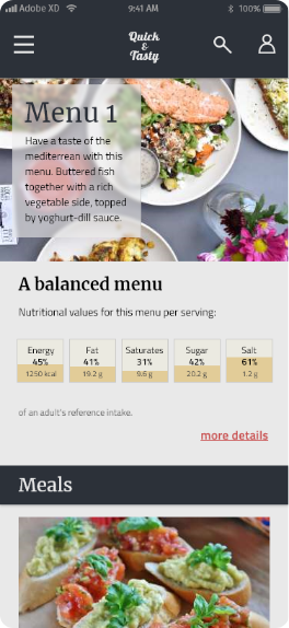screen showing the menu section. There is an image of the menu and different info