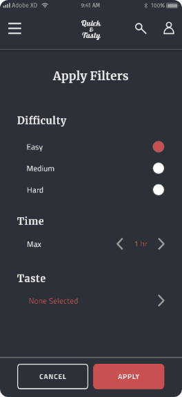 the filter screen where the user can choose difficulty, time, and taste