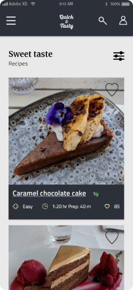 a screen showing the sweet taste categories, holding different recipes within it