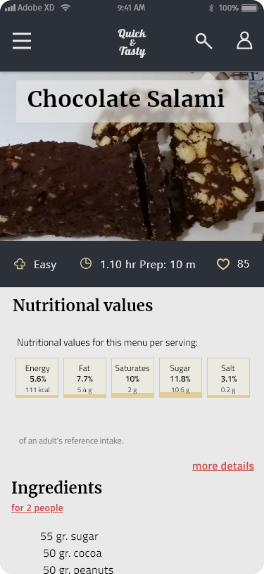 the recipe screen has an image at the top with the recipe title. Below there are many info, like the nutritional info and recipe steps