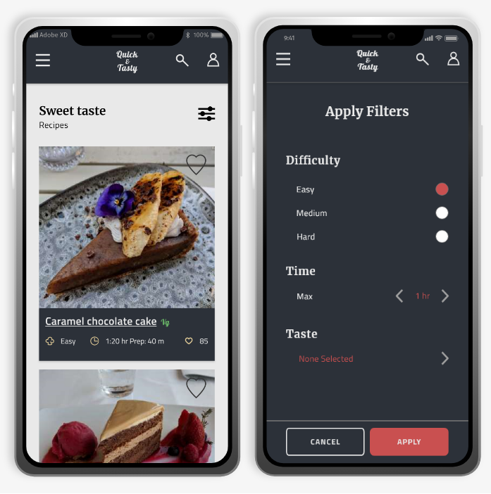 The mobile screens. one next to the other. One screen shows filters with choices for difficulty, time and taste. The other shows some recipes under the category of Sweet taste.