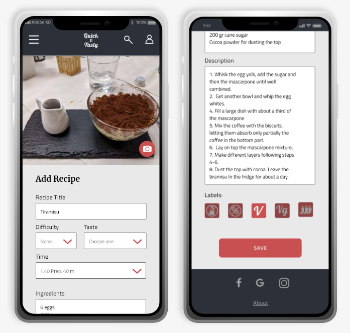 The mobile screens. one next to the other. One screen shows filters with choices for difficulty, time and taste. The other shows some recipes under the category of Sweet taste.