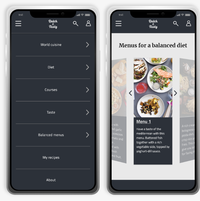 The mobile screens. one next to the other. One screen shows filters with choices for difficulty, time and taste. The other shows some recipes under the category of Sweet taste.